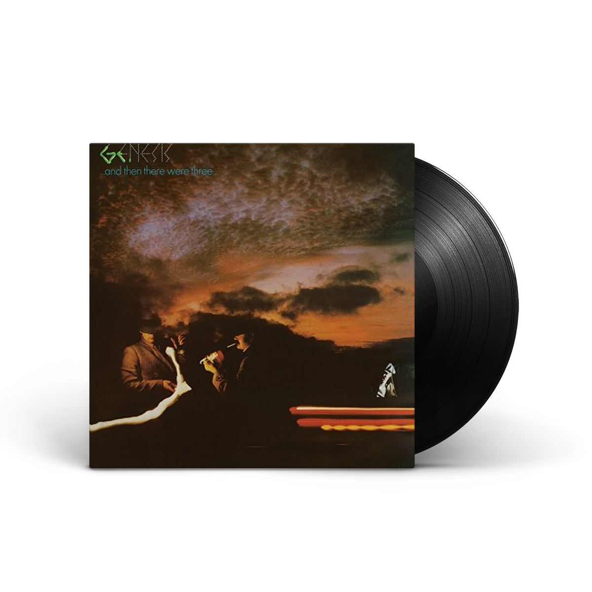  vinyl record of 'And Then There Were Three' by Genesis with a dark cover featuring silhouettes of people and a dog.